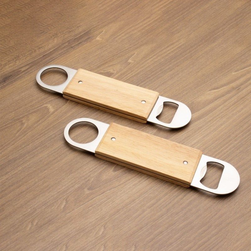 Abridor de Garrafa Metálico Com Acabamento em Madeira Personalizado