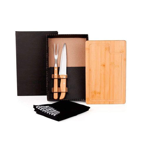 Jogo Para Churrasco Bambu e Inox com Avental Personalizado